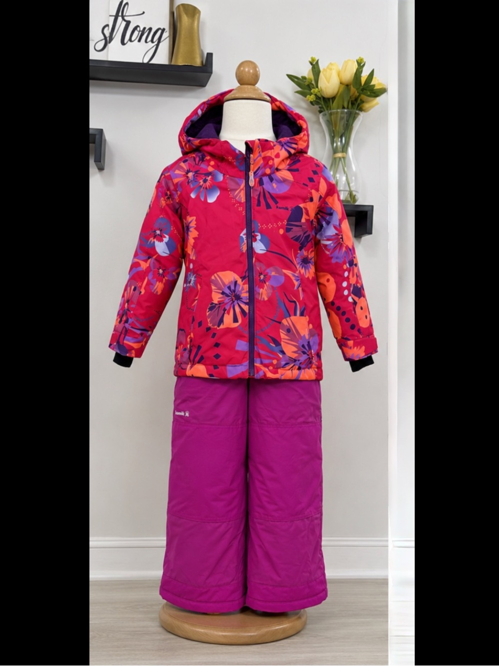 Kamik Kids Snow Suit Set Floral Winter Jacket & Bib Snow Pants Pink Purple Sz 4